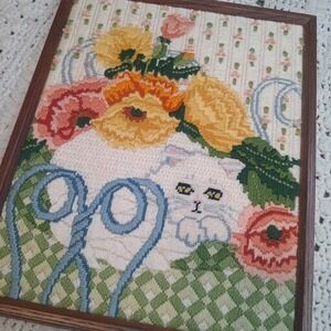 Vtg Needlework Embroidery White‎ Cat in Flowers Framed Art 70s Whimsical Cottage
